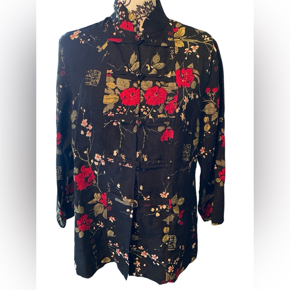 Silkland Women's Shirt Long Sleeve Kimono Top Black Red Beaded Flowers Silk Sz M